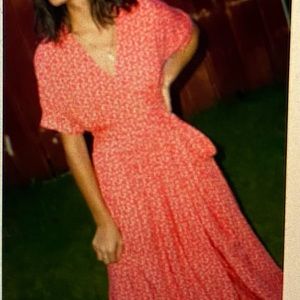 Orange-red wrap midi dress